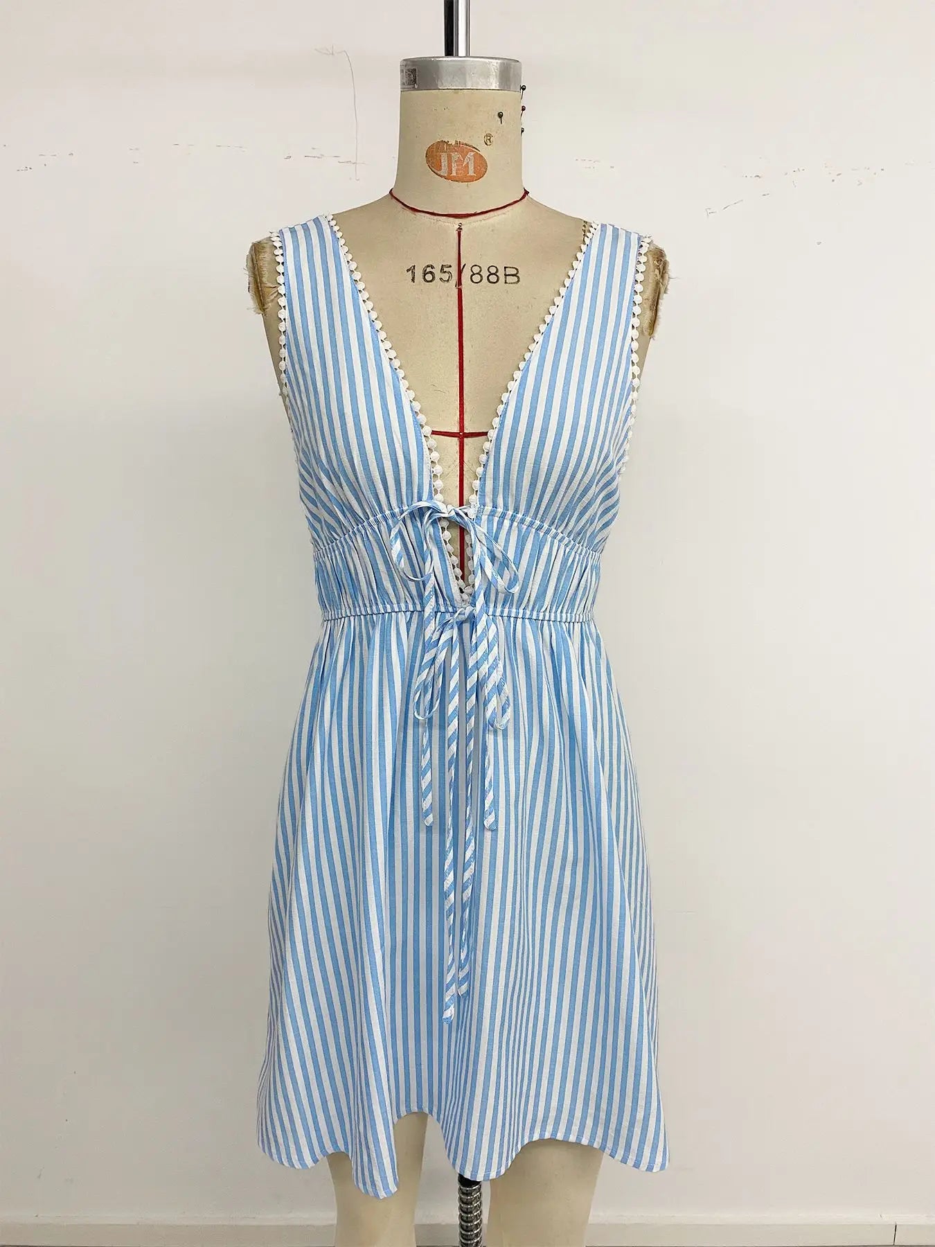 Striped Lace-Up Woven Mini Dress — Women's | Fitted Silhouette | Playful Summer