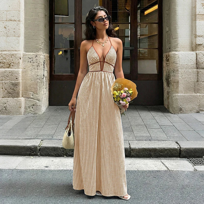 Striped V-Neck Woven Maxi Dress — Women's | Relaxed Fit | Beach & Resort
