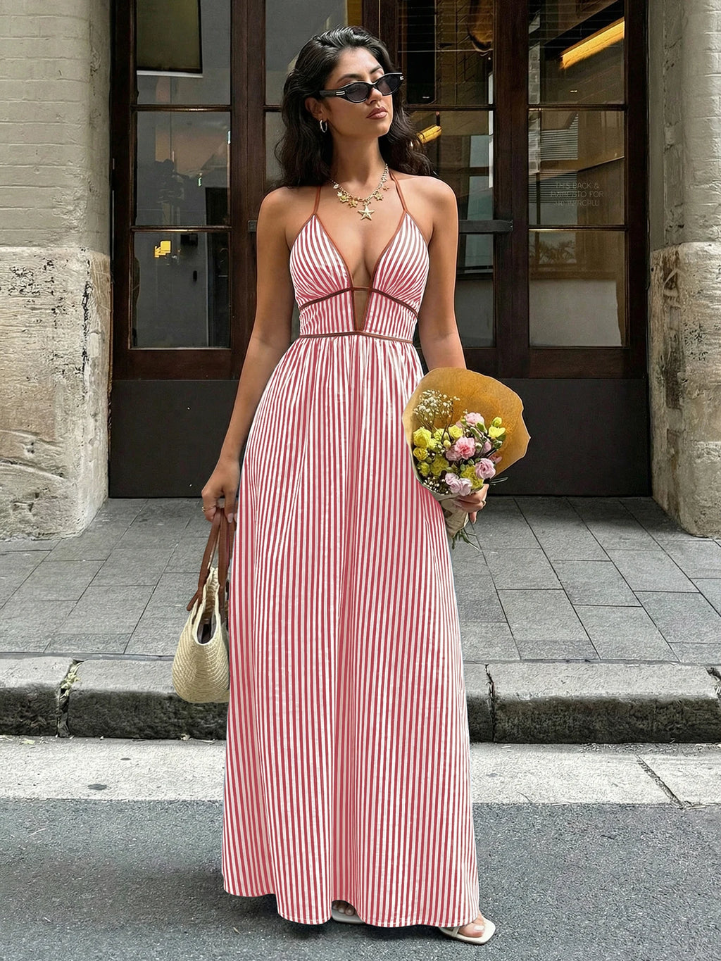 Striped V-Neck Woven Maxi Dress — Women's | Relaxed Fit | Beach & Resort