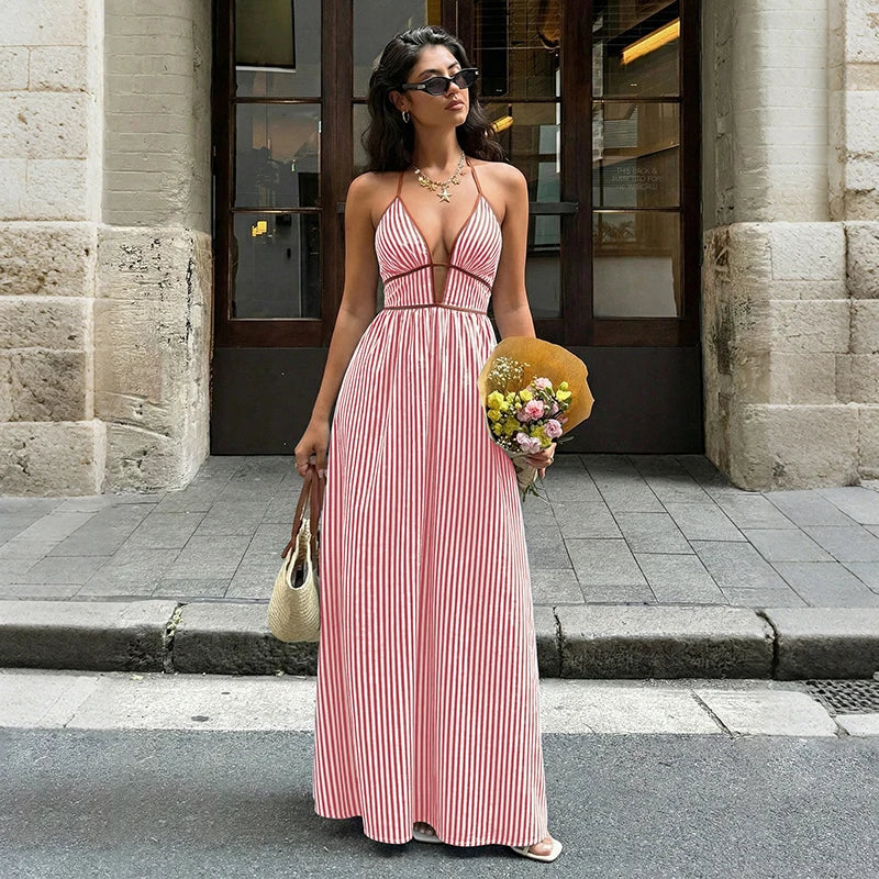Striped V-Neck Woven Maxi Dress — Women's | Relaxed Fit | Beach & Resort