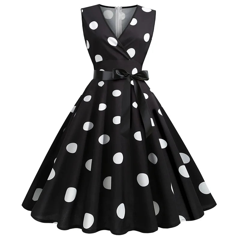 Polka Dot Bow Swing Dress — Women's | Full Skirt Silhouette | Vintage-Feminine