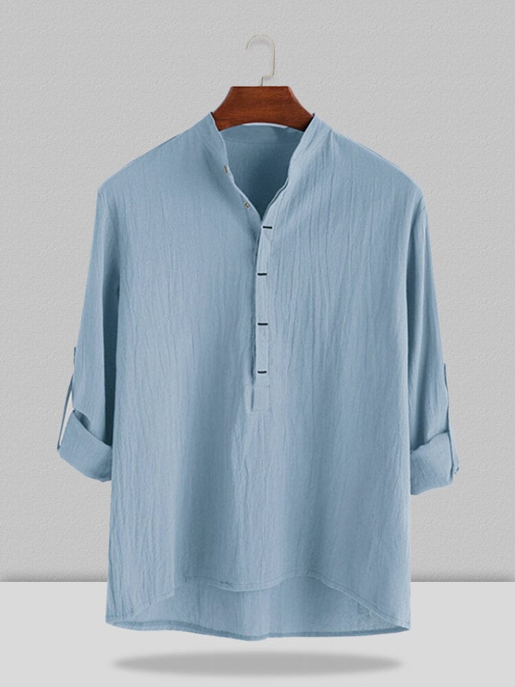 Stand-Collar Cotton Linen Long-Sleeve Shirt — Men's | Relaxed Fit | Refined Casual