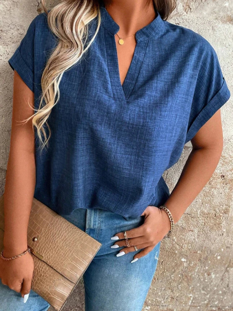 Notched V-Neck Batwing Top — Women's | Oversized Drape | Relaxed Elegant