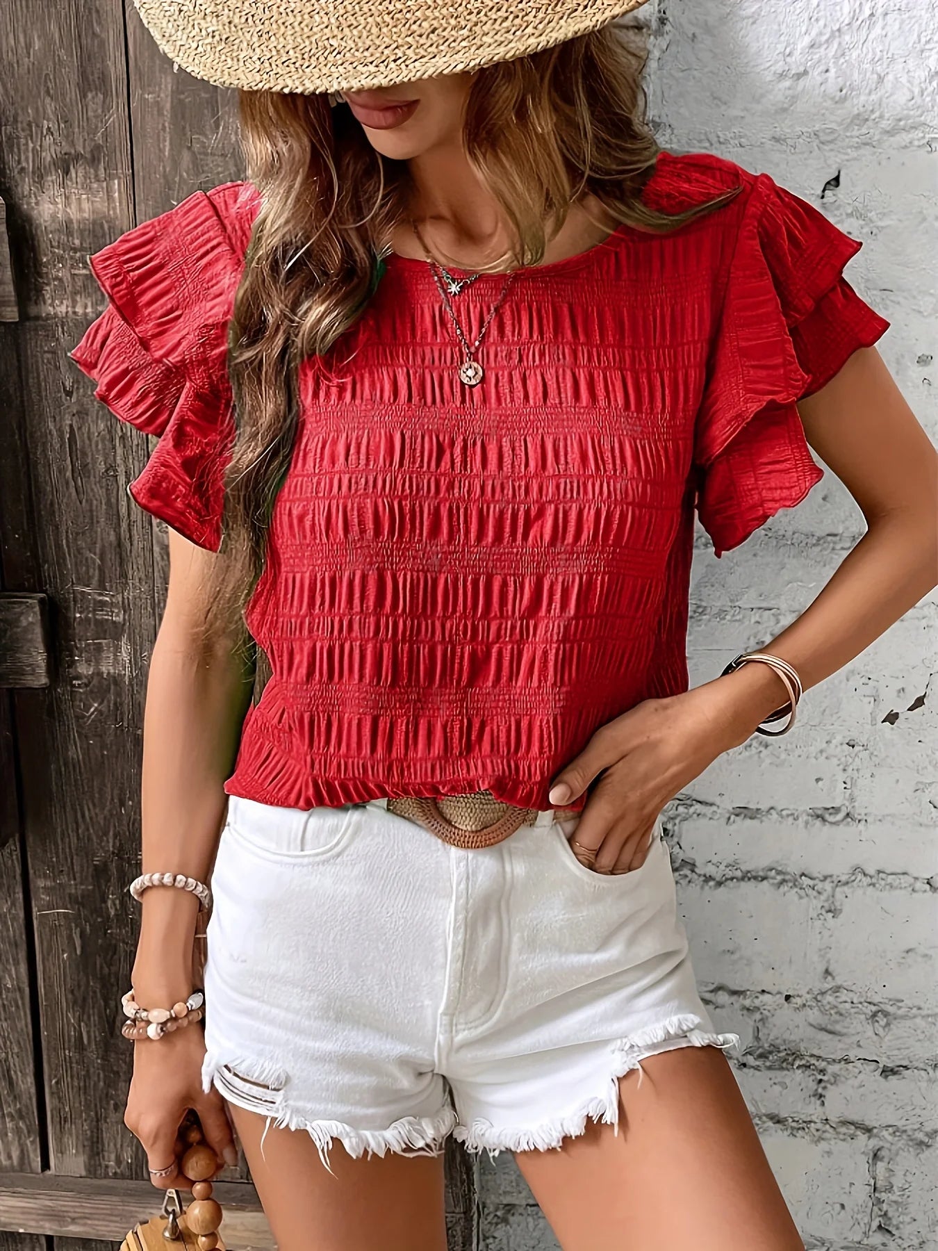 Butterfly-Sleeve Woven Blouse — Women's | Relaxed Drape | Elegant Everyday