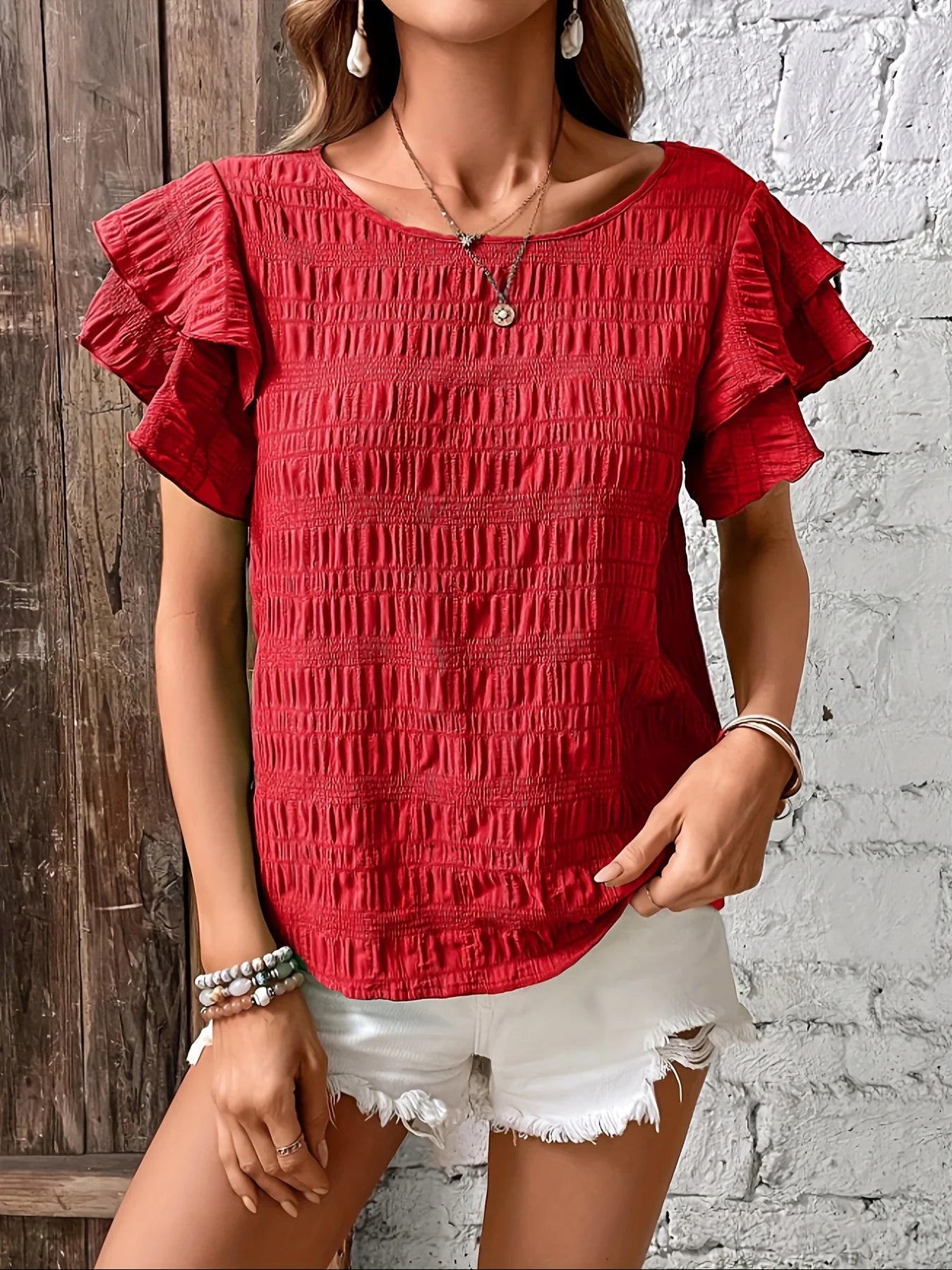 Butterfly-Sleeve Woven Blouse — Women's | Relaxed Drape | Elegant Everyday