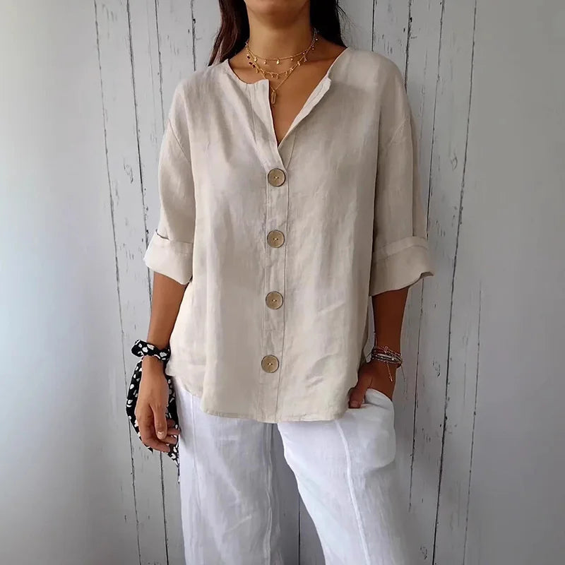Cotton Linen V-Neck Blouse — Women's | Relaxed Fit | Breathable Summer Essential