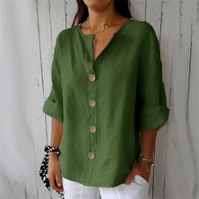 Cotton Linen V-Neck Blouse — Women's | Relaxed Fit | Breathable Summer Essential