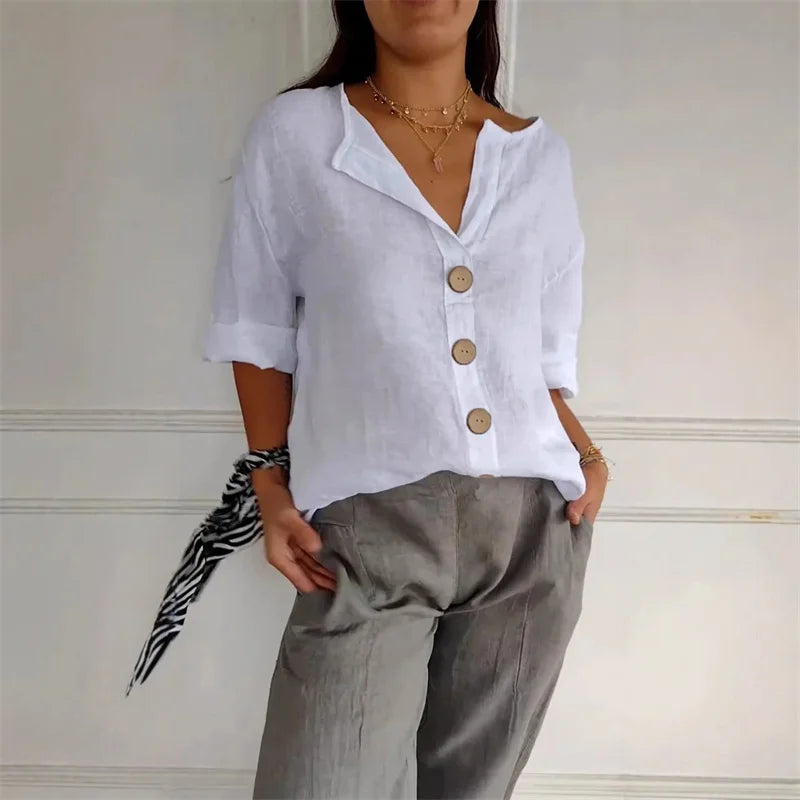 Cotton Linen V-Neck Blouse — Women's | Relaxed Fit | Breathable Summer Essential