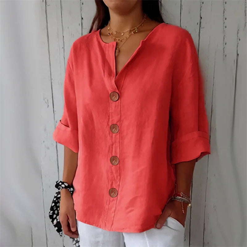 Cotton Linen V-Neck Blouse — Women's | Relaxed Fit | Breathable Summer Essential