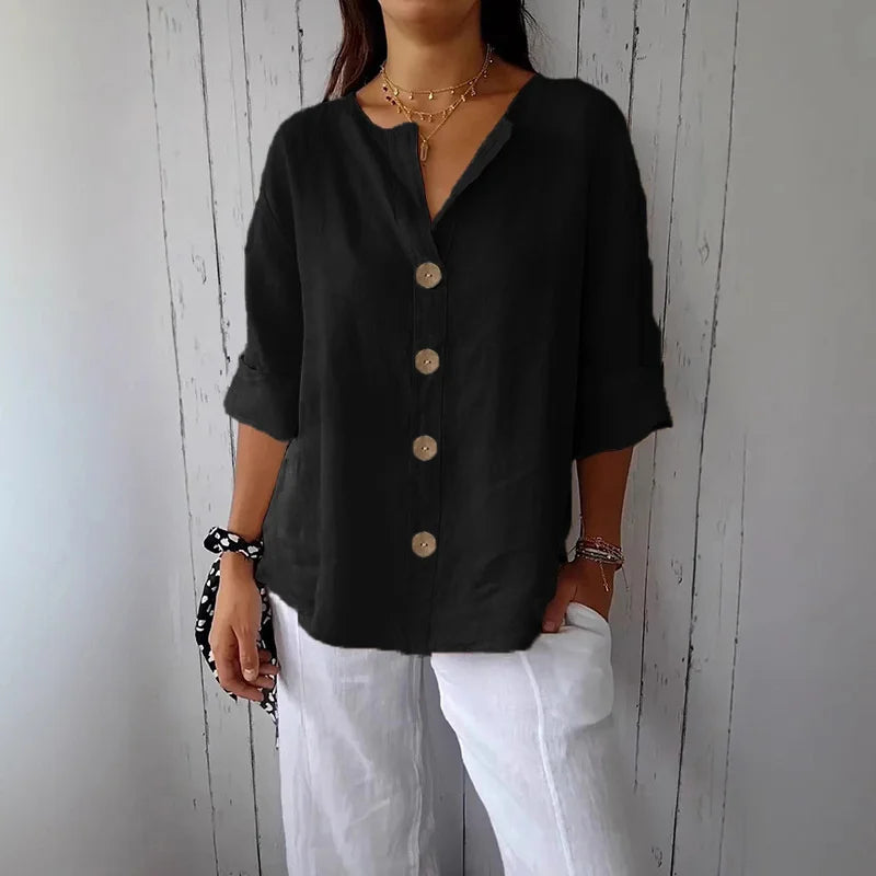 Cotton Linen V-Neck Blouse — Women's | Relaxed Fit | Breathable Summer Essential