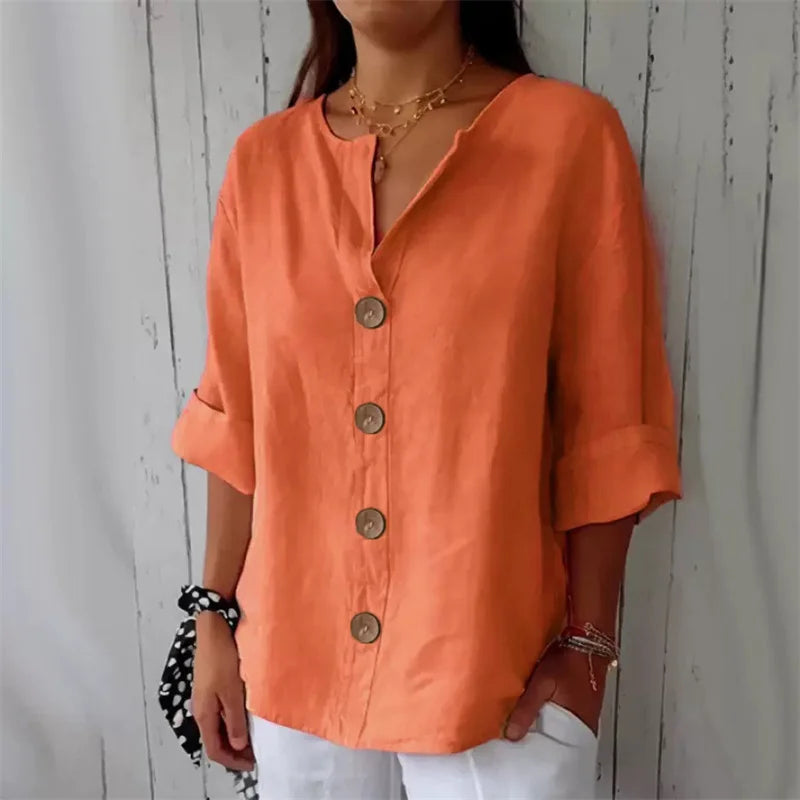 Cotton Linen V-Neck Blouse — Women's | Relaxed Fit | Breathable Summer Essential