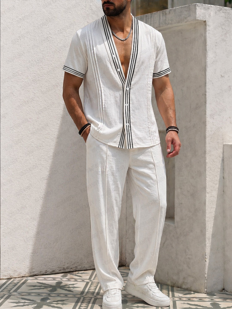 Stripe-Trim Cotton Coordinated Set — Men's | Relaxed Fit | Resort & Vacation