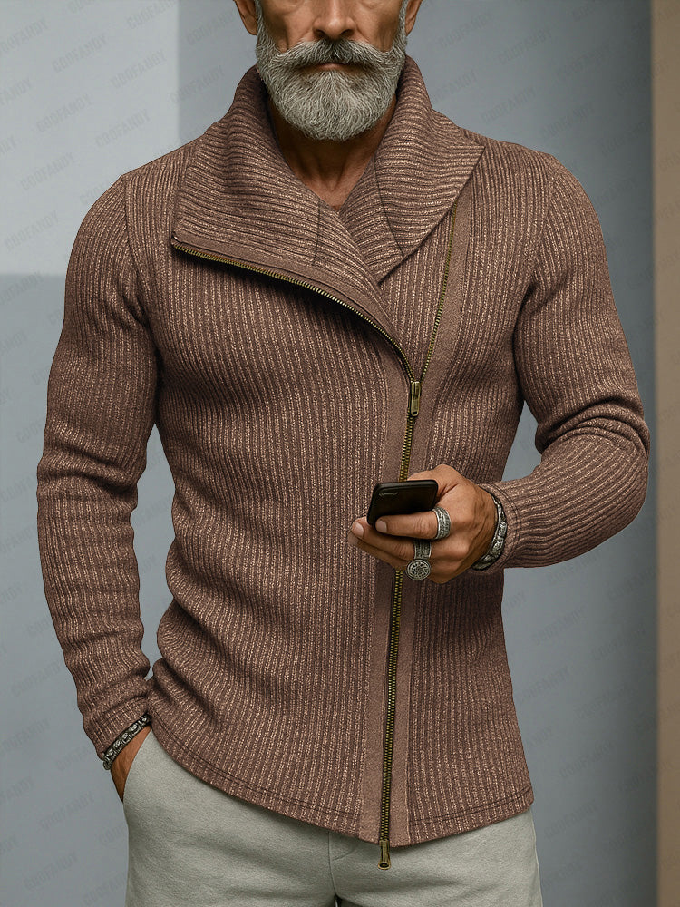 Slant-Placket Ribbed Knit Cardigan — Men's | Relaxed Fit | Modern Layering