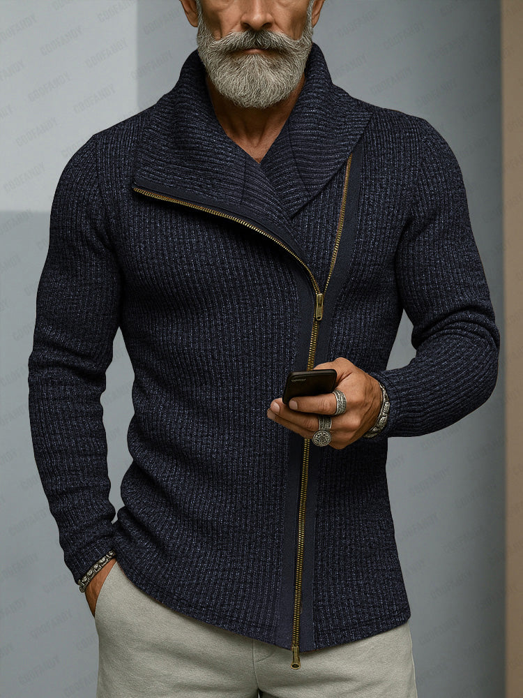 Slant-Placket Ribbed Knit Cardigan — Men's | Relaxed Fit | Modern Layering
