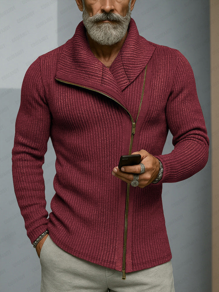 Slant-Placket Ribbed Knit Cardigan — Men's | Relaxed Fit | Modern Layering