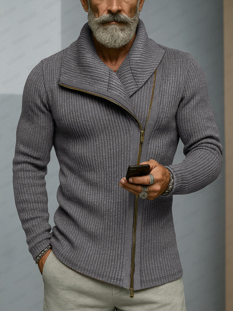 Slant-Placket Ribbed Knit Cardigan — Men's | Relaxed Fit | Modern Layering