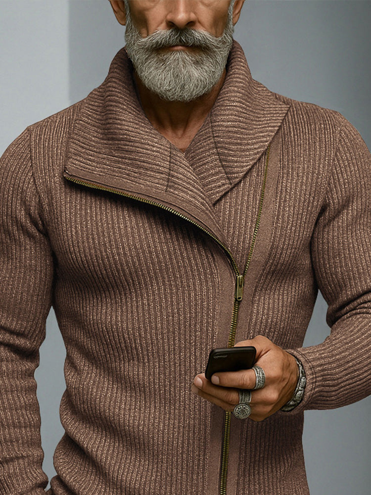Slant-Placket Ribbed Knit Cardigan — Men's | Relaxed Fit | Modern Layering