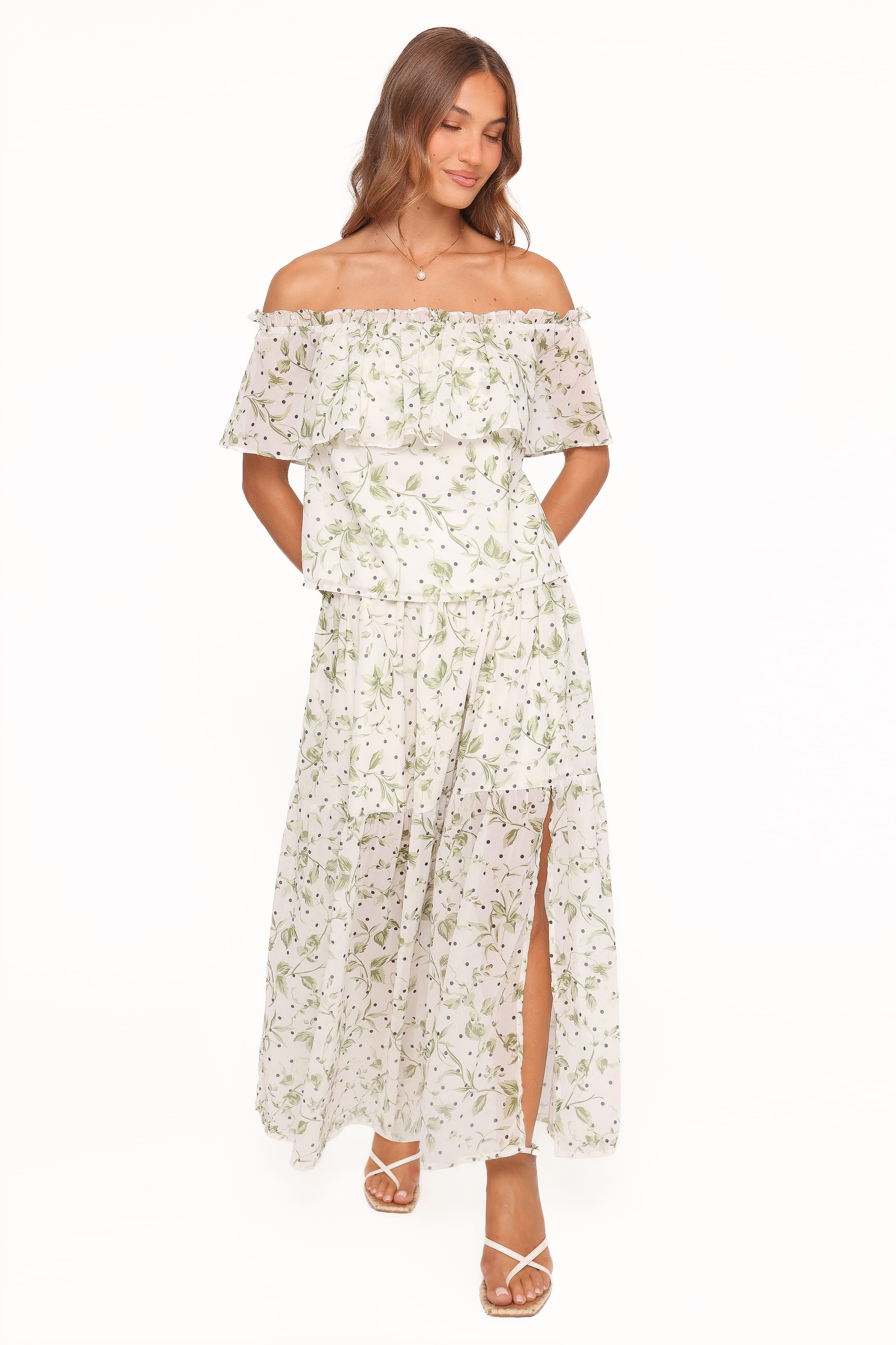 Vanessa — Leaf Print Woven Maxi Skirt Set | Flowy Silhouette | Nature-Inspired