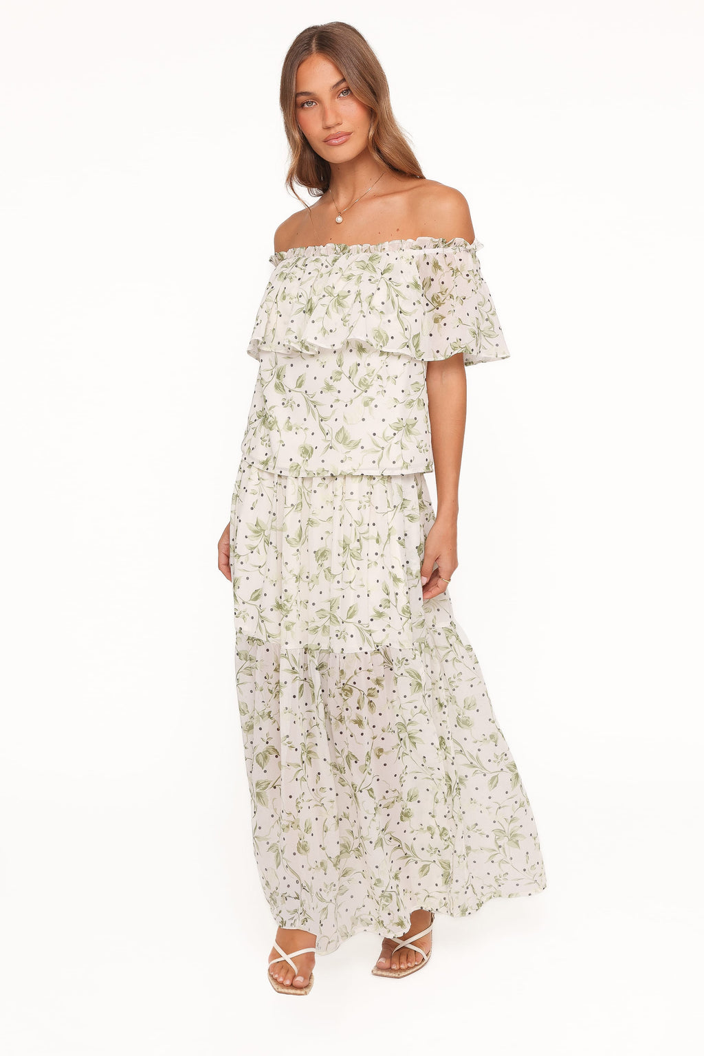 Vanessa — Leaf Print Woven Maxi Skirt Set | Flowy Silhouette | Nature-Inspired
