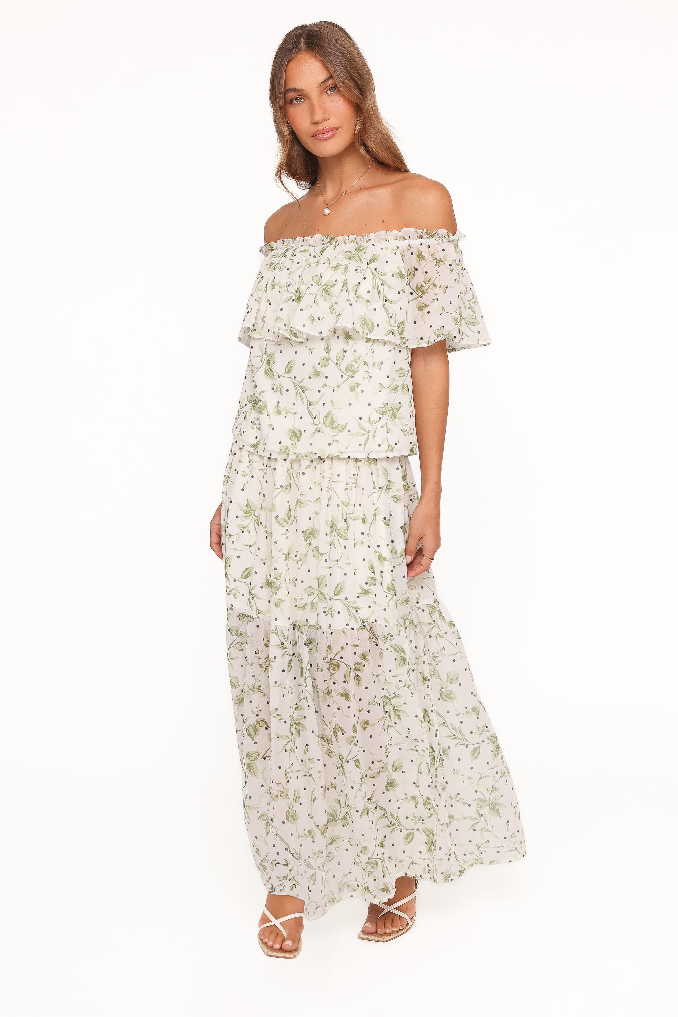 Vanessa — Leaf Print Woven Maxi Skirt Set | Flowy Silhouette | Nature-Inspired