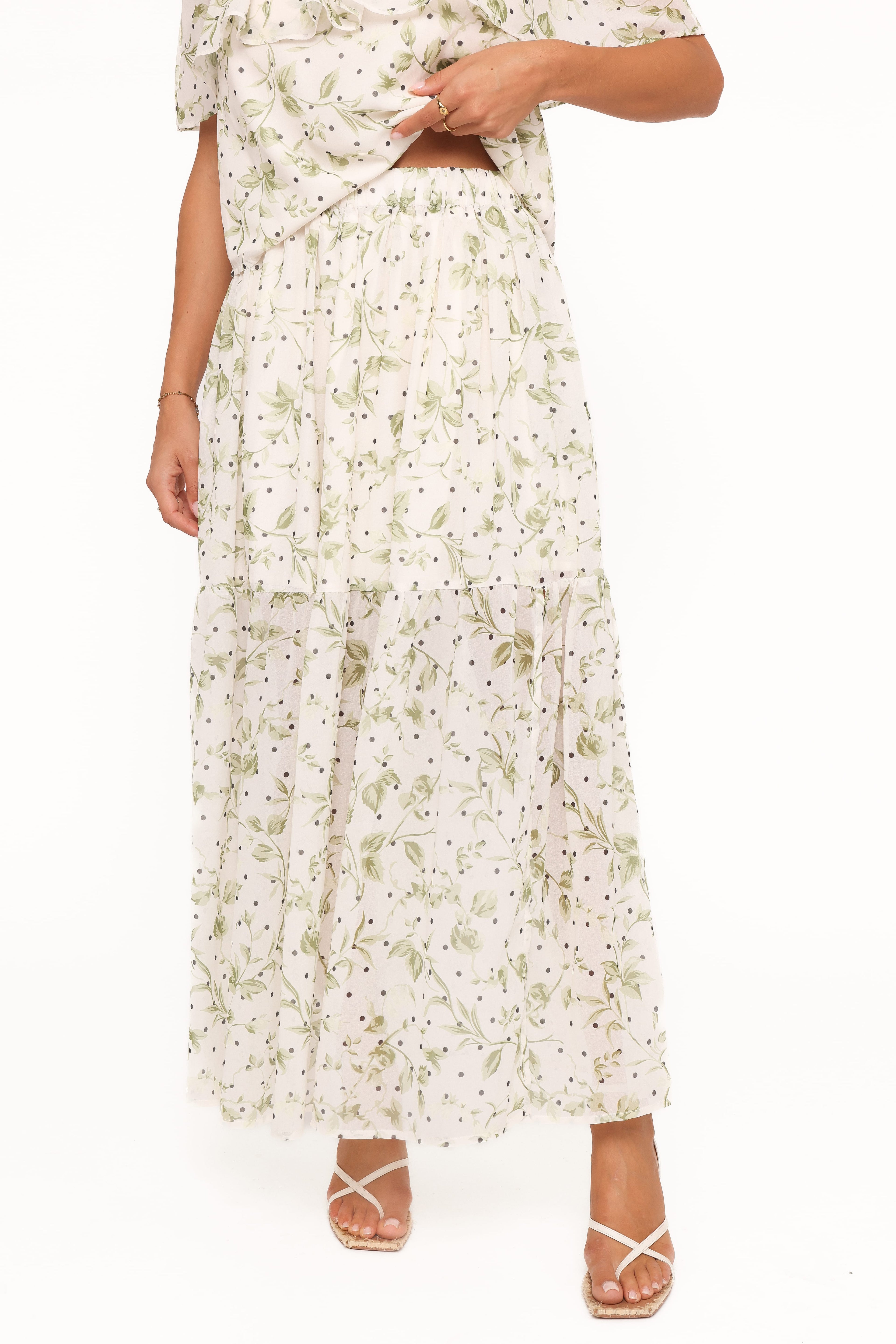 Vanessa — Leaf Print Woven Maxi Skirt Set | Flowy Silhouette | Nature-Inspired