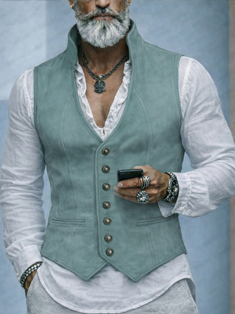 Faux Suede Stand-Collar Suit Vest — Men's | Structured Fit | Refined Layering