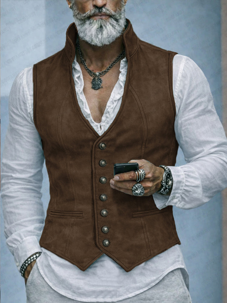 Faux Suede Stand-Collar Suit Vest — Men's | Structured Fit | Refined Layering