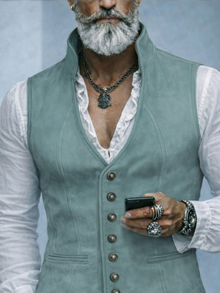 Faux Suede Stand-Collar Suit Vest — Men's | Structured Fit | Refined Layering