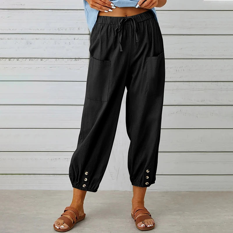 Cotton Linen Wide-Leg Trousers — Women's | Elastic High Waist | Breezy Essential