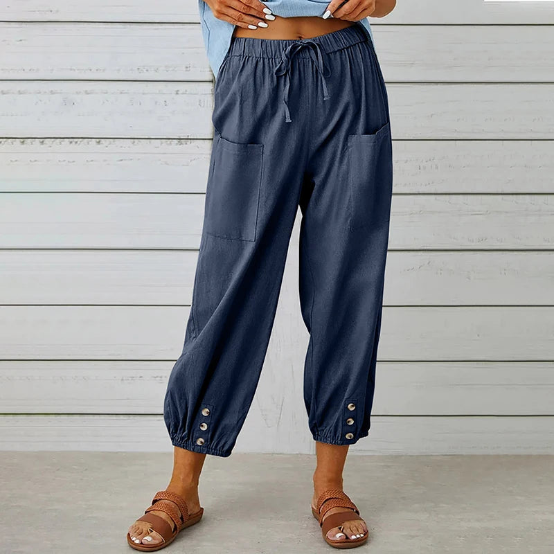 Cotton Linen Wide-Leg Trousers — Women's | Elastic High Waist | Breezy Essential