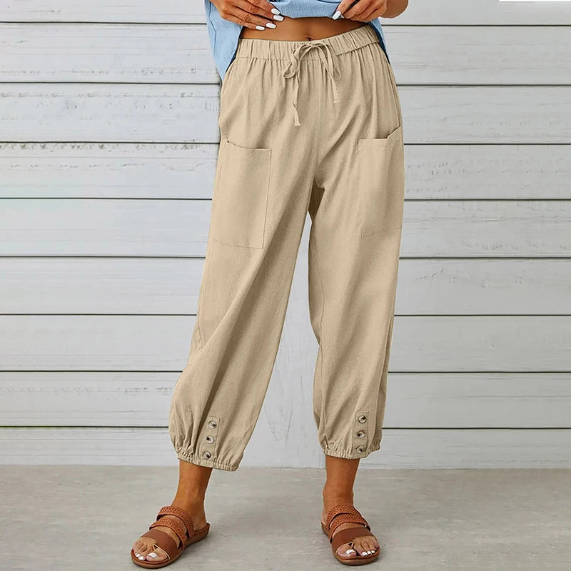 Cotton Linen Wide-Leg Trousers — Women's | Elastic High Waist | Breezy Essential