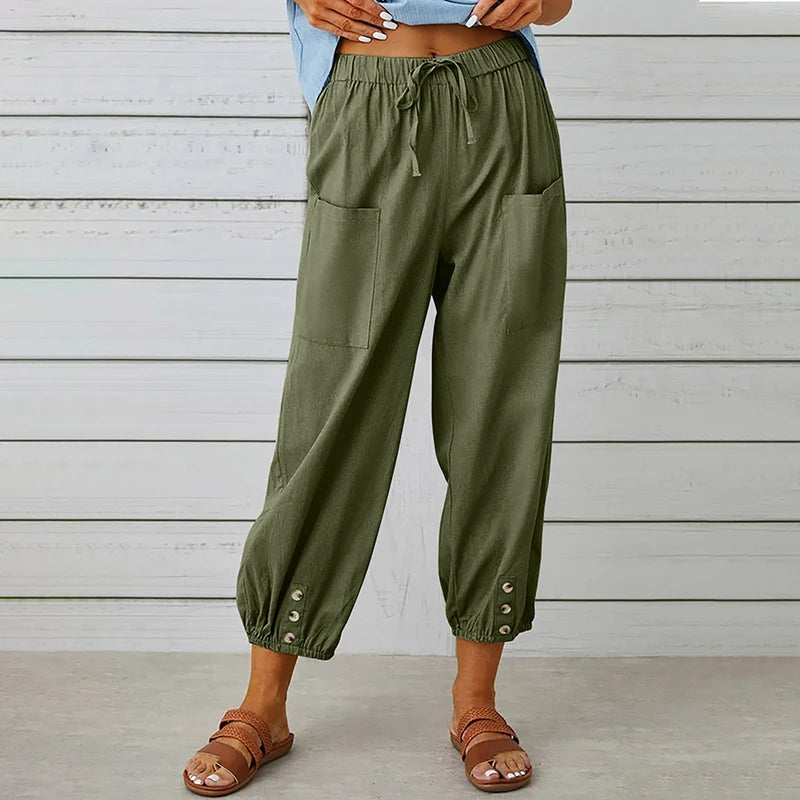 Cotton Linen Wide-Leg Trousers — Women's | Elastic High Waist | Breezy Essential