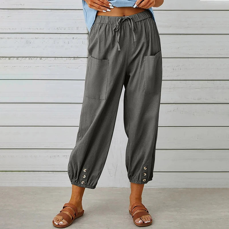 Cotton Linen Wide-Leg Trousers — Women's | Elastic High Waist | Breezy Essential