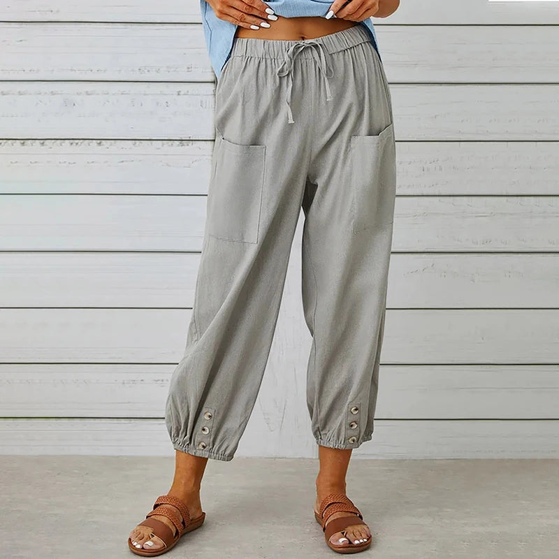 Cotton Linen Wide-Leg Trousers — Women's | Elastic High Waist | Breezy Essential