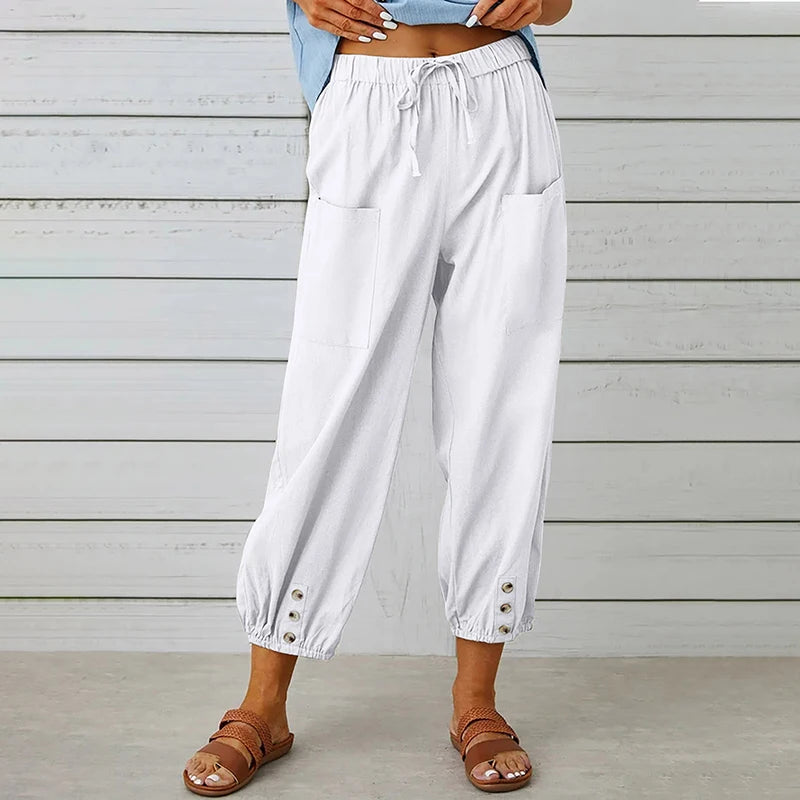 Cotton Linen Wide-Leg Trousers — Women's | Elastic High Waist | Breezy Essential