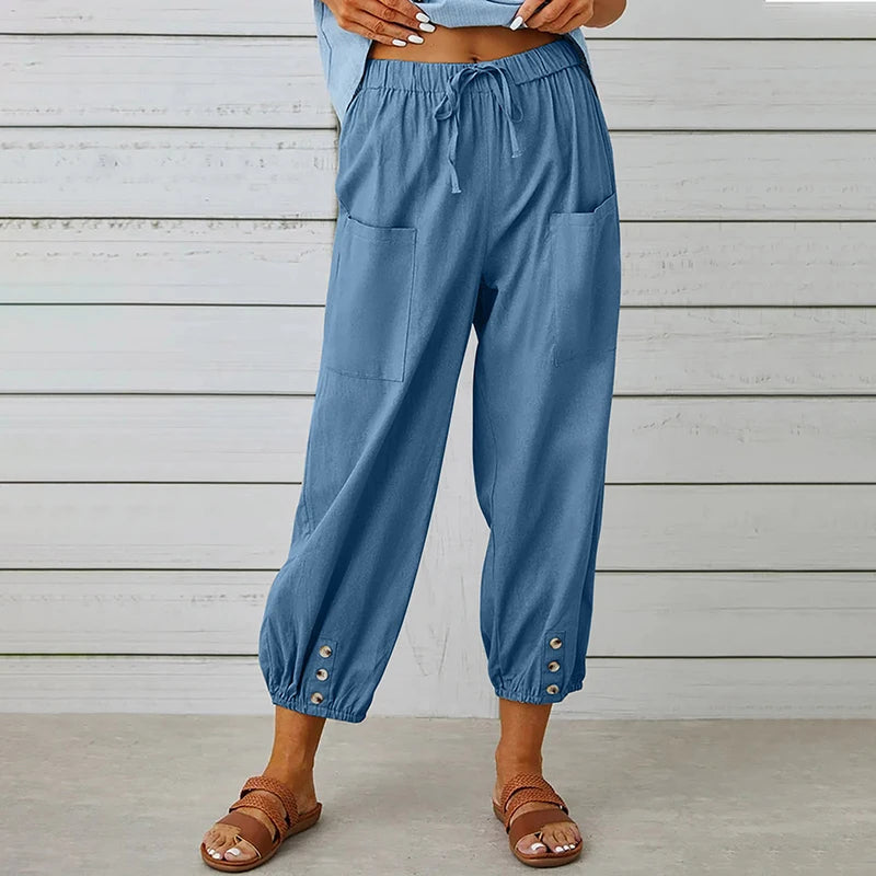 Cotton Linen Wide-Leg Trousers — Women's | Elastic High Waist | Breezy Essential