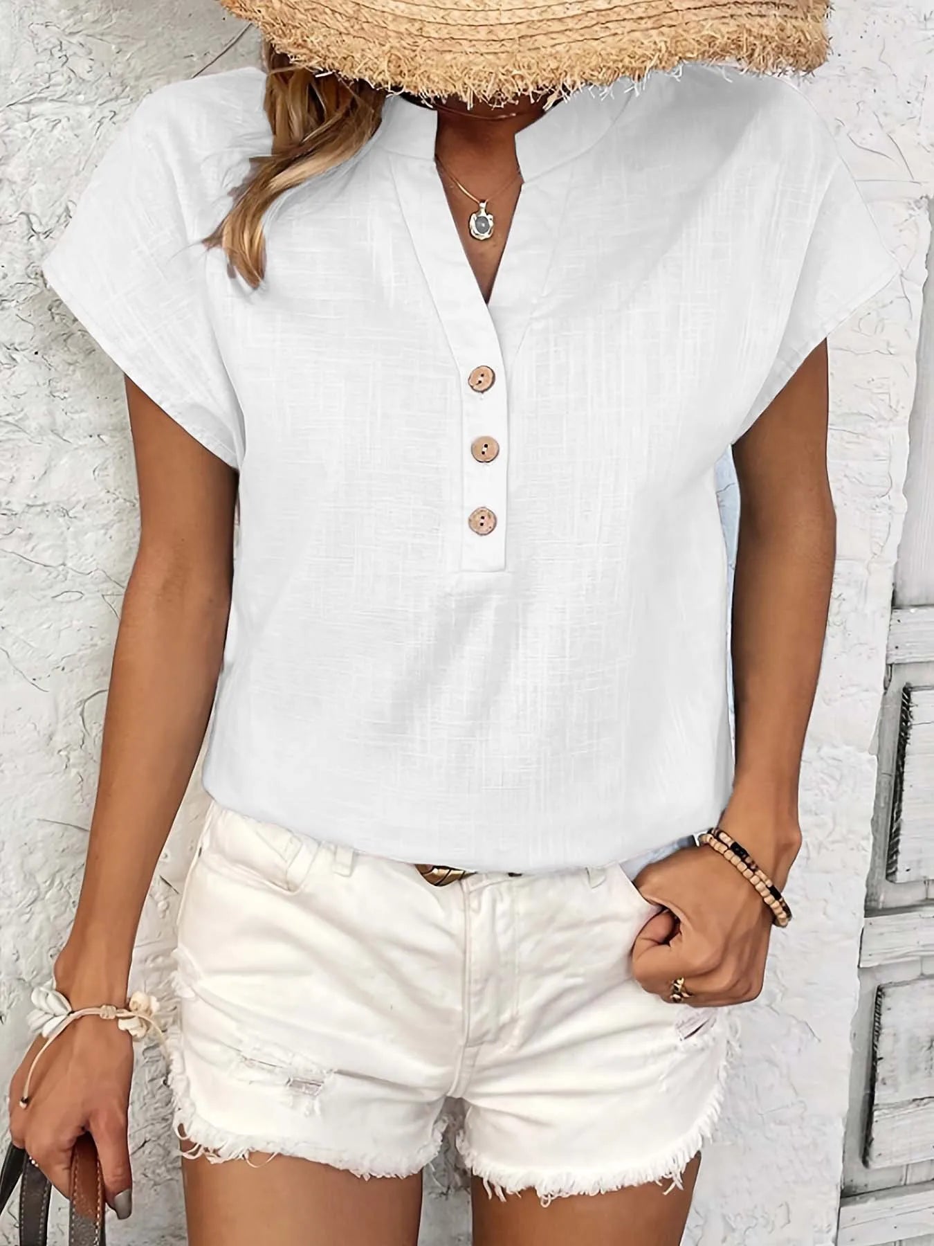 Vintage Cotton Linen V-Neck Blouse — Women's | Relaxed Fit | Retro-Inspired Essential