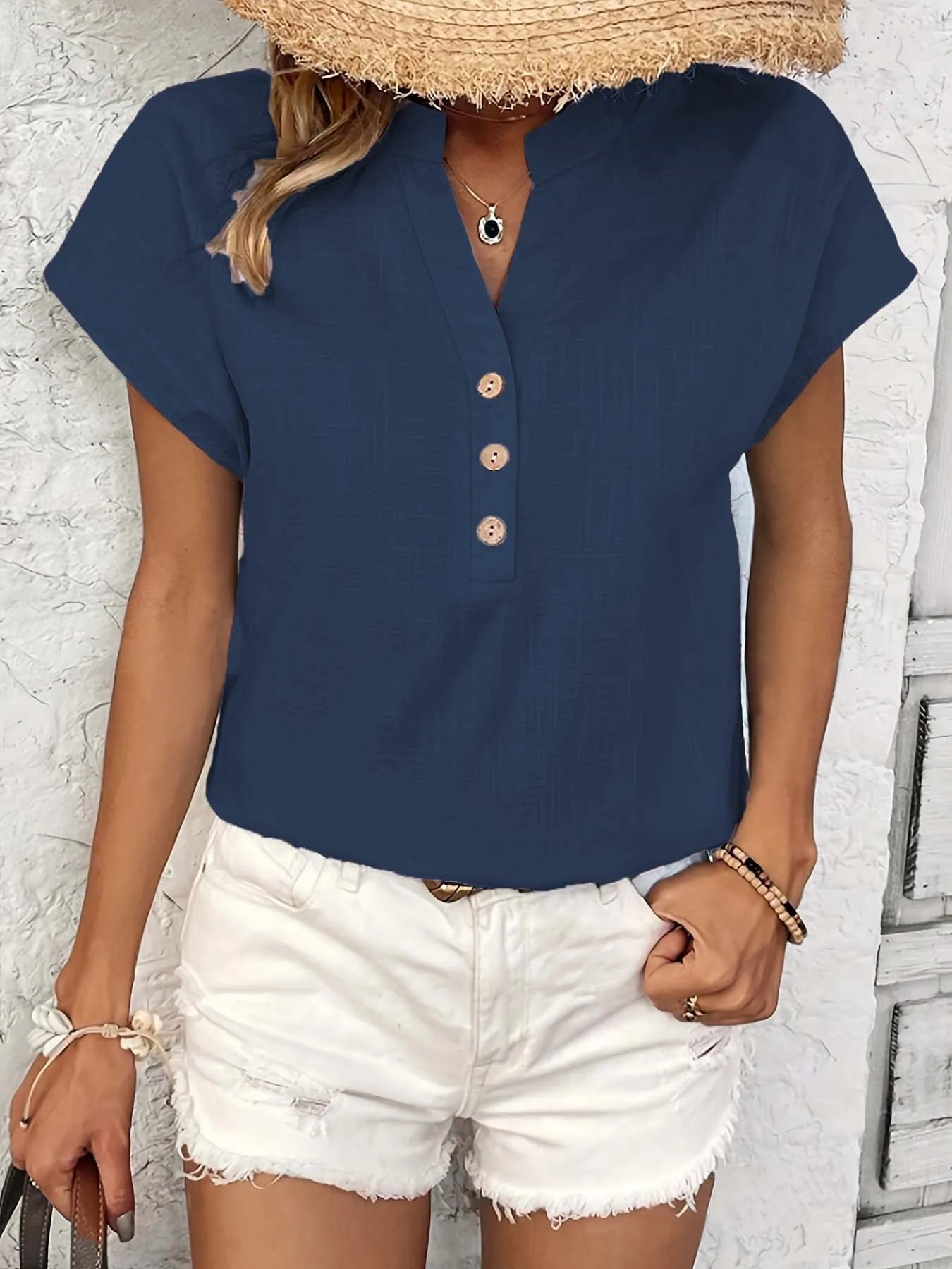 Vintage Cotton Linen V-Neck Blouse — Women's | Relaxed Fit | Retro-Inspired Essential