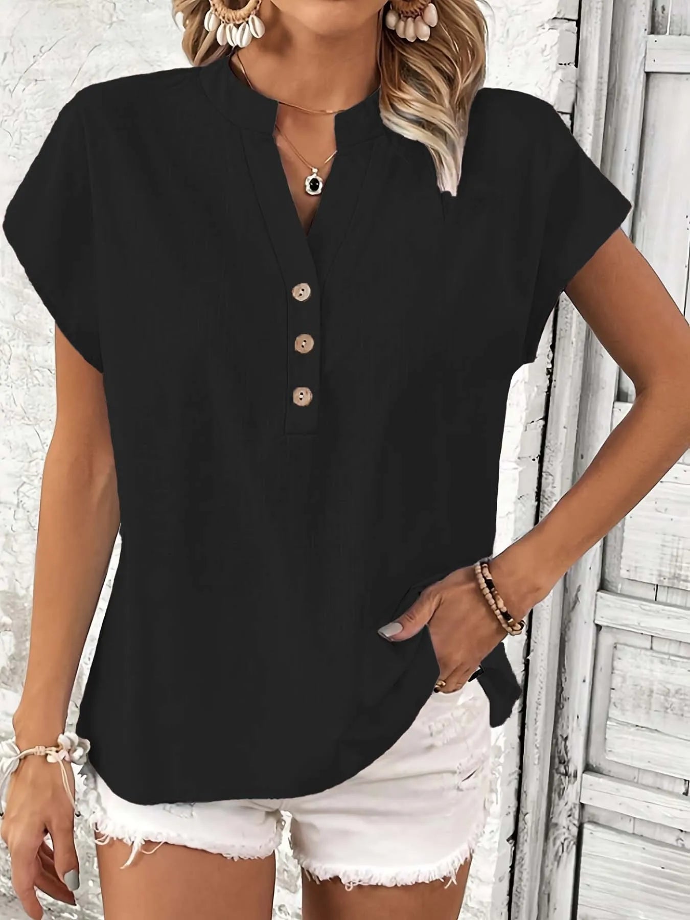 Vintage Cotton Linen V-Neck Blouse — Women's | Relaxed Fit | Retro-Inspired Essential