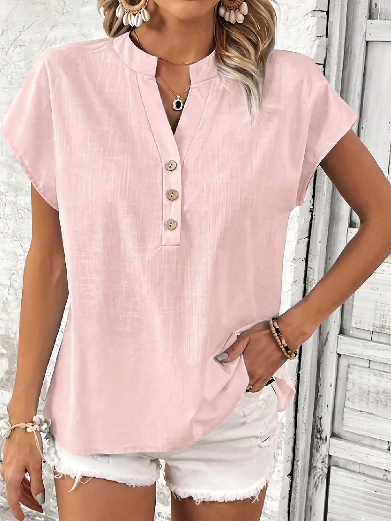 Vintage Cotton Linen V-Neck Blouse — Women's | Relaxed Fit | Retro-Inspired Essential