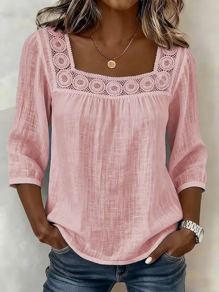 Square-Neck Lace-Trim Woven Blouse — Women's | Feminine Detail | Elegant Summer