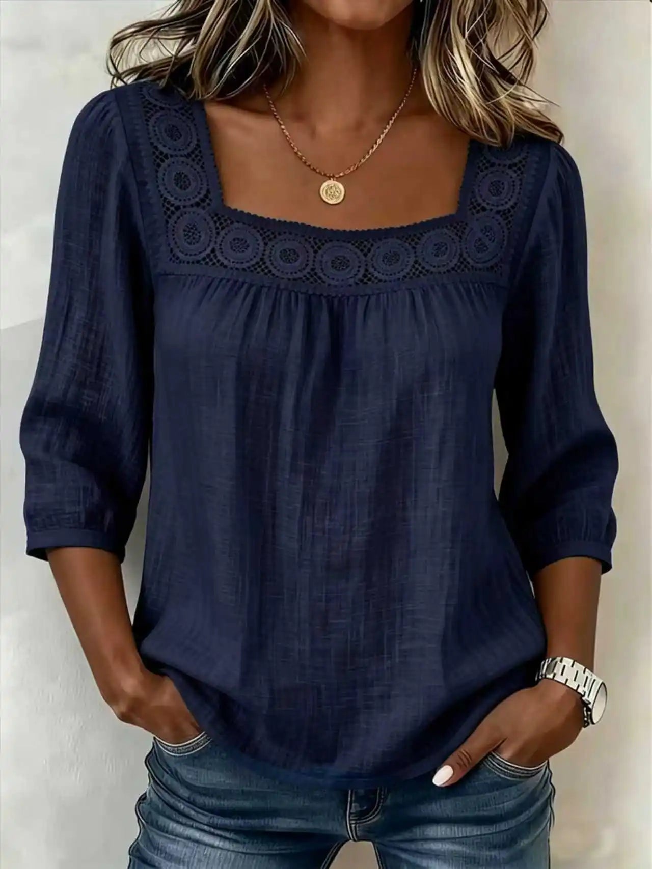Square-Neck Lace-Trim Woven Blouse — Women's | Feminine Detail | Elegant Summer