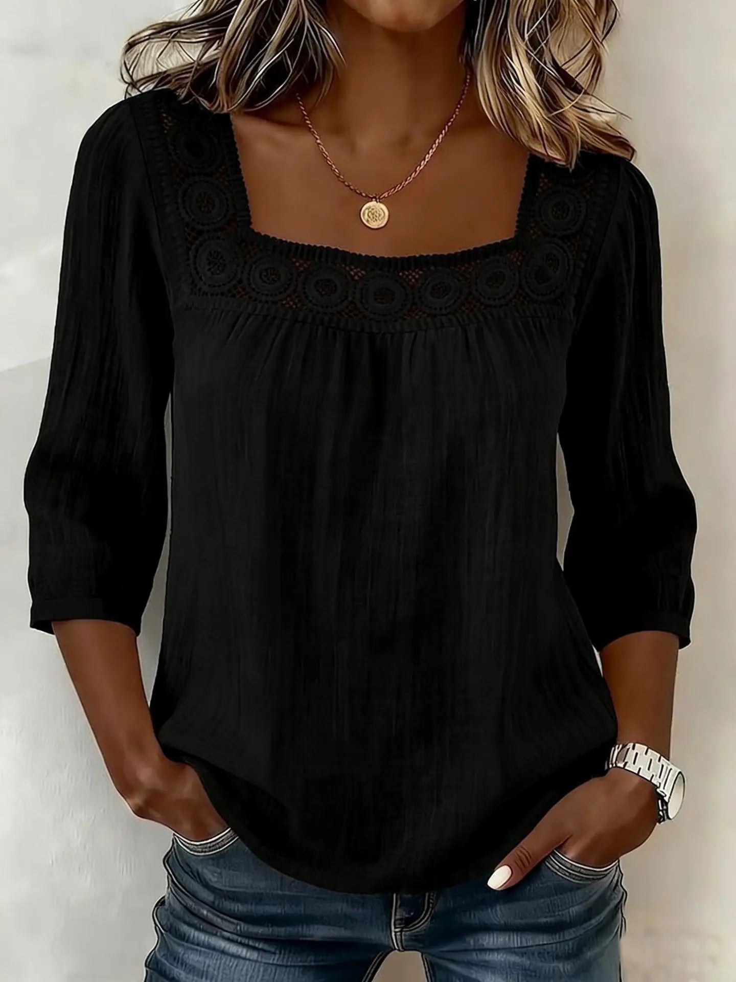 Square-Neck Lace-Trim Woven Blouse — Women's | Feminine Detail | Elegant Summer