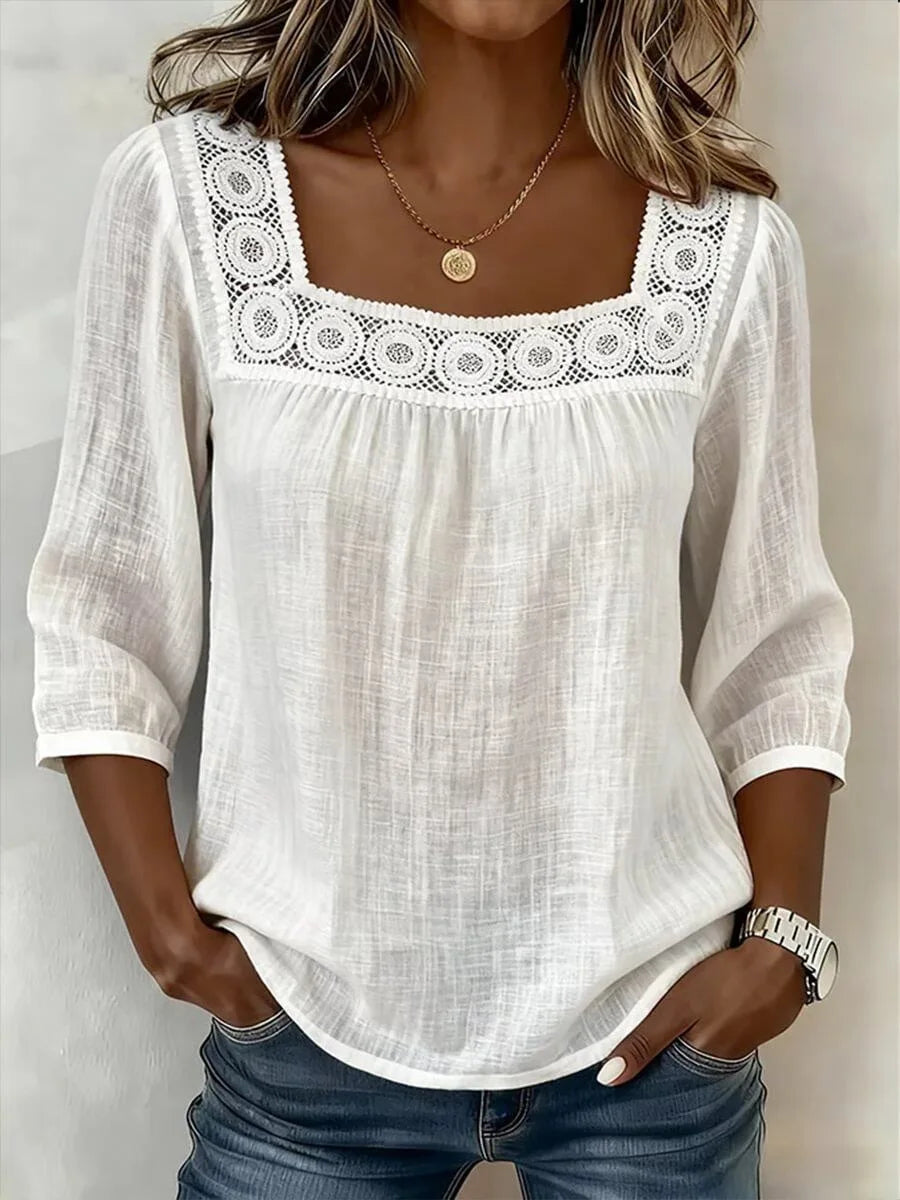 Square-Neck Lace-Trim Woven Blouse — Women's | Feminine Detail | Elegant Summer