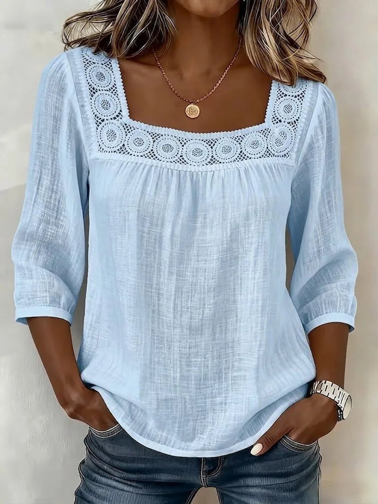 Square-Neck Lace-Trim Woven Blouse — Women's | Feminine Detail | Elegant Summer