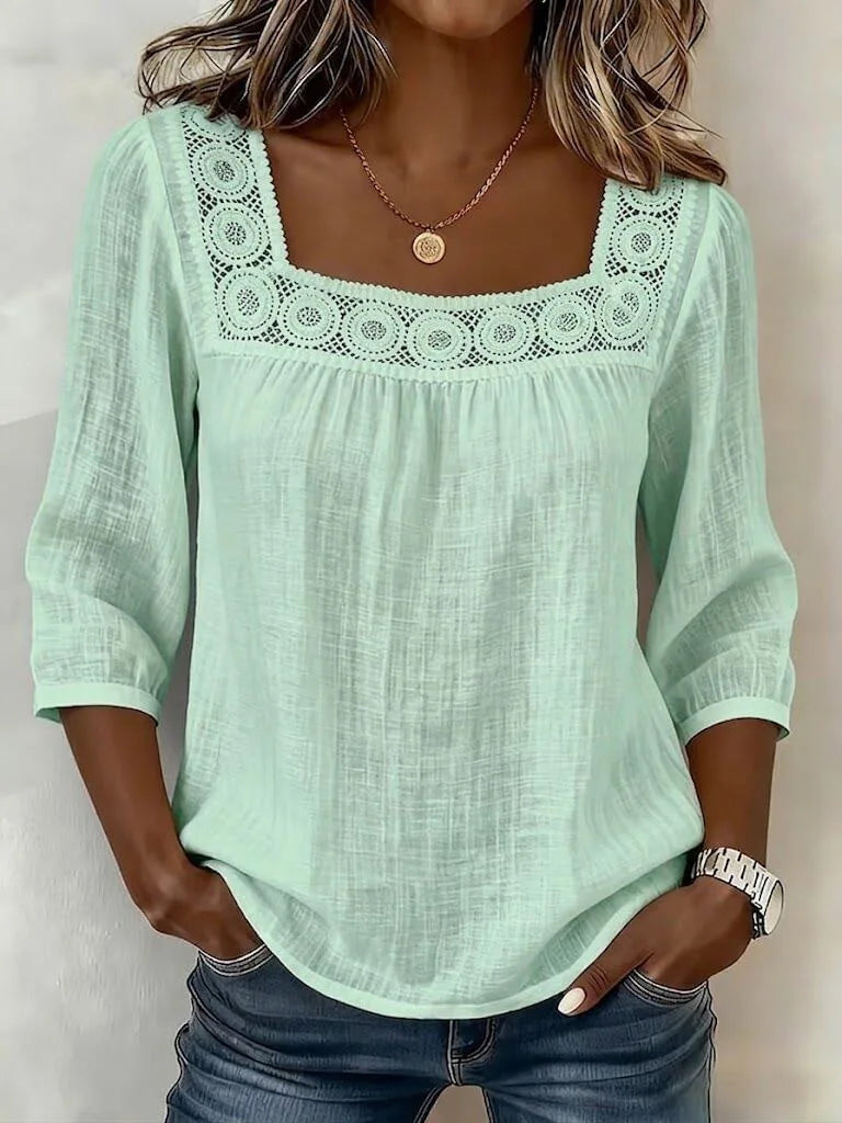 Square-Neck Lace-Trim Woven Blouse — Women's | Feminine Detail | Elegant Summer