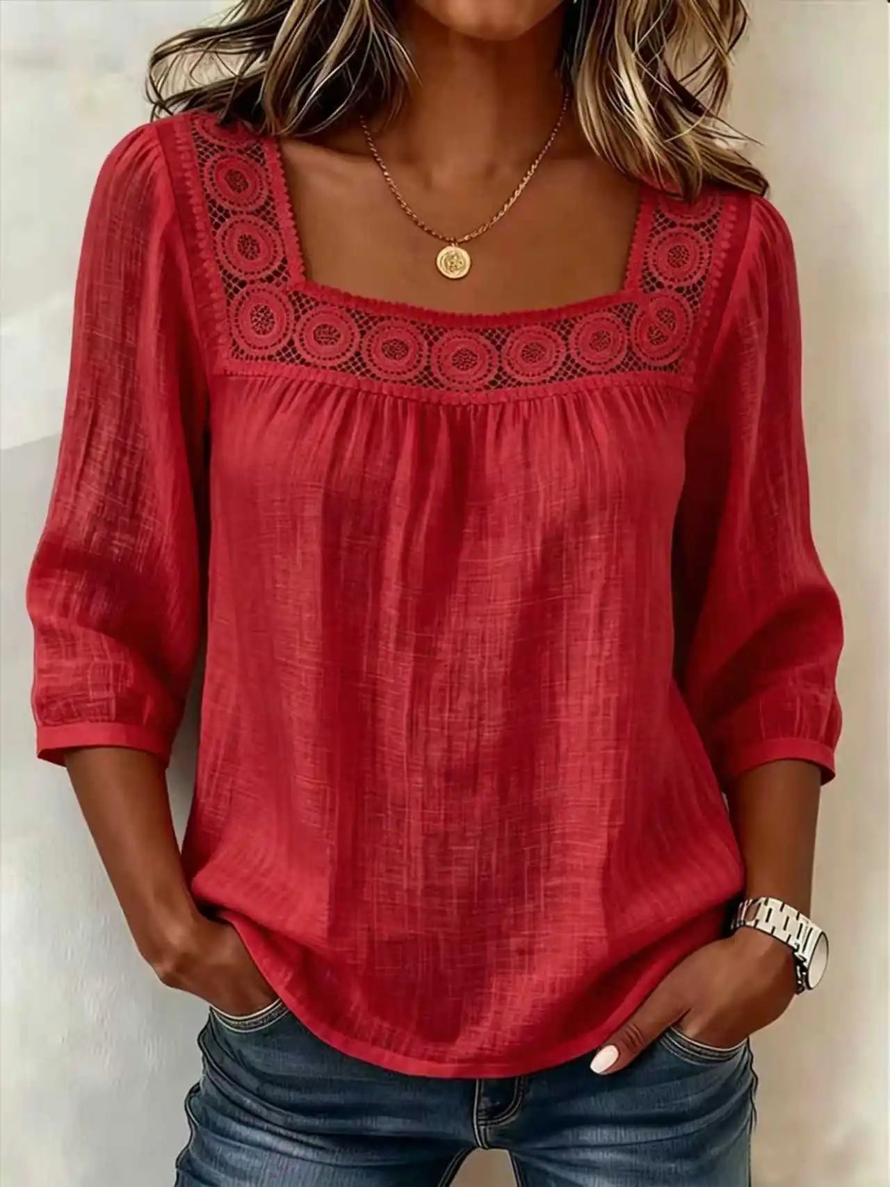 Square-Neck Lace-Trim Woven Blouse — Women's | Feminine Detail | Elegant Summer