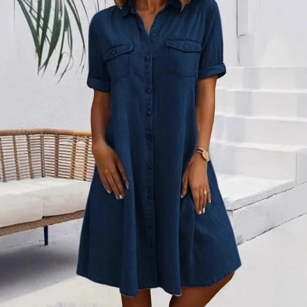 Denim Button-Down Shirt Dress — Women's | Relaxed Fit | Casual Elevated Essential