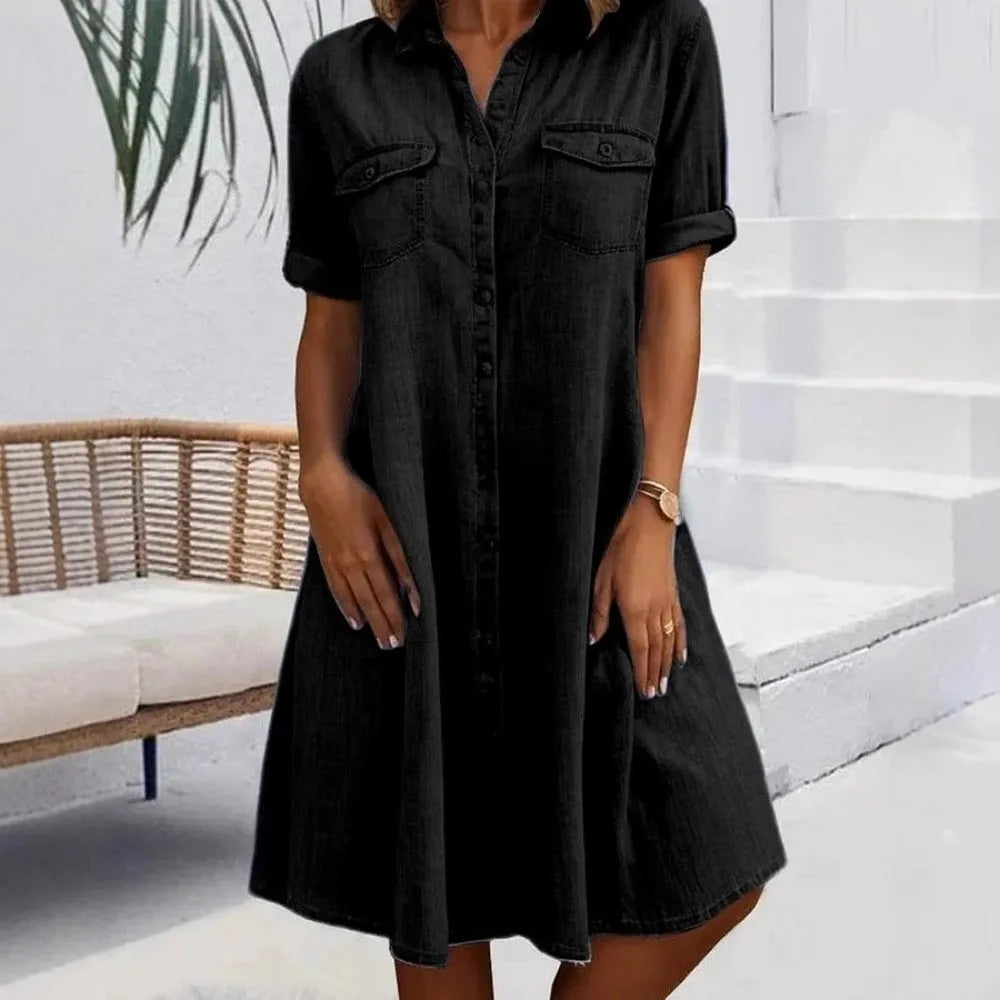 Denim Button-Down Shirt Dress — Women's | Relaxed Fit | Casual Elevated Essential