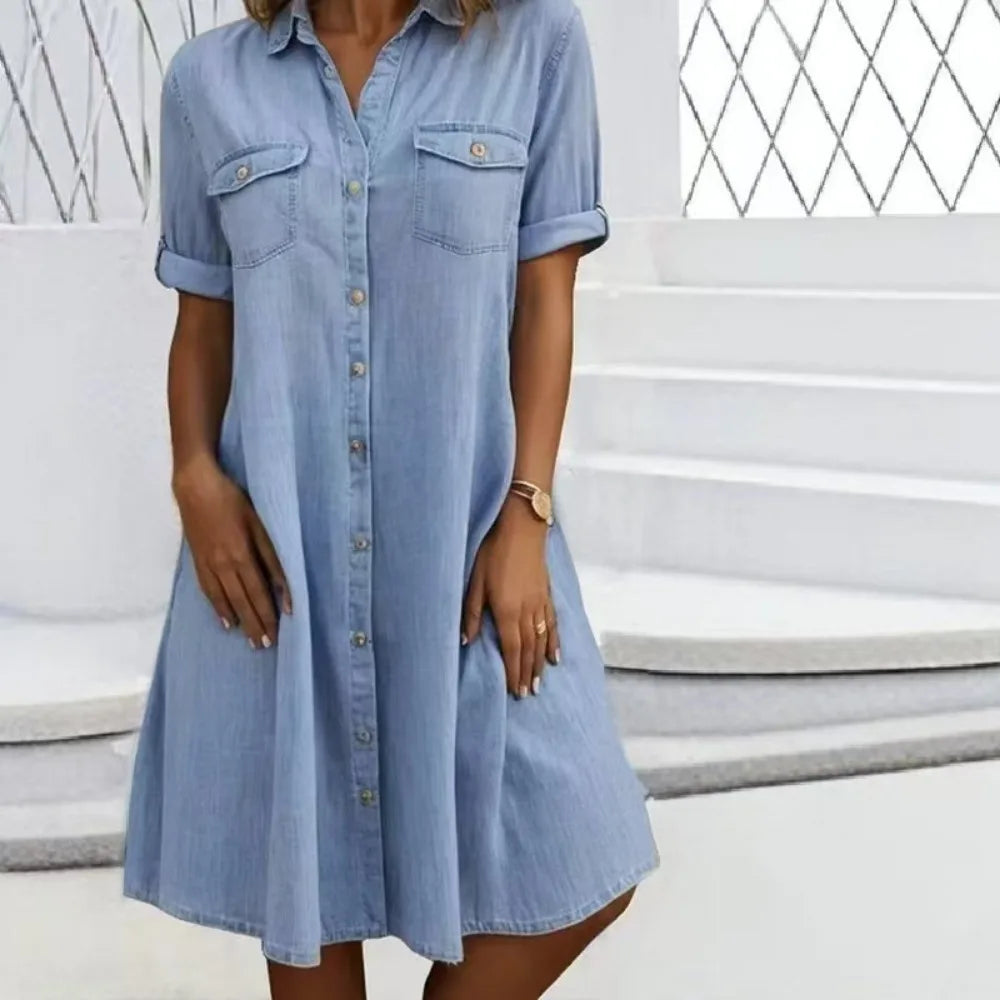 Denim Button-Down Shirt Dress — Women's | Relaxed Fit | Casual Elevated Essential